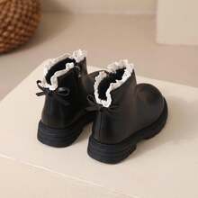 1 Pair 2026 New Girls' Ankle Boots, Lace Trim Back Zipper Thick Sole Design, Gentle Minimalist Style, Suitable For Daily Wear And Birthday Parties - Black - View 7