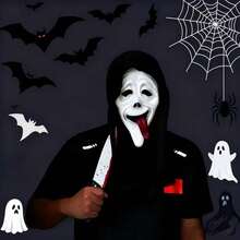 Máscara de Látex de Cabeça Completa com Rosto de Fantasma Aterrorizante com Língua para Fora, Acessório de Cabeça com Lenço Preto de Fantasma, Adereços de Cosplay de Halloween, Acessório de Cabeça para Fantasia de Casa Assombrada e Festa à Fantasia - Visão 6