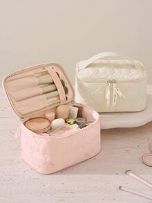 Large-Capacity Cosmetic Bag,Multi-Compartment,Lightweight Quilted Makeup Bag Organized For Toiletries,Cosmetics,Makeup Brushes,Skincare,Medication,Etc,Bow Embroidery Sweet Style Multifunctional Storage Bag For Gift,For Home,Travel,Vacation,School Use - Multicolor - View 2