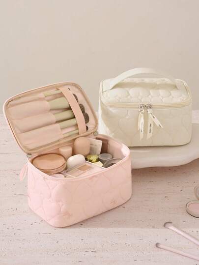 Large-Capacity Cosmetic Bag,Multi-Compartment,Lightweight Quilted Makeup Bag Organized For Toiletries,Cosmetics,Makeup Brushes,Skincare,Medication,Etc,Bow Embroidery Sweet Style Multifunctional Storage Bag For Gift,For Home,Travel,Vacation,School Use