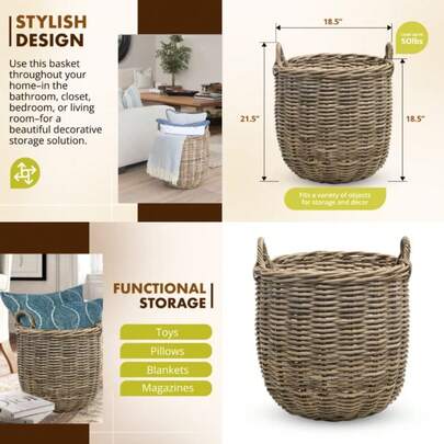 Rattan  Round Storage Basket, Handwoven Rattan Basket With Handles, Organization And Home Decor For Storage, Gray-Brown