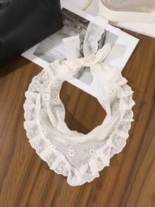 1件優雅田園風半透蕾絲花卉刺繡三角頭巾，荷葉邊繫帶式女款頭巾，百搭夏季海灘度假配件 - 彩色 - 查看 6