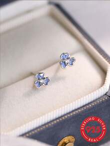 1 Pair S925 Sterling Silver Mori Style Blue Iris Ear Thread Earrings, Gentle Elegant Fresh Versatile Women's Lady Style Jewelry, Suitable For Daily Wear, Outings, Gatherings, Anniversaries, Holiday Gifts - Flowers - View 14