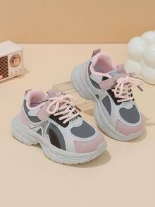 Girls' Light Gray, Pink & Brown Colorblock Magic Tape Lace-Up Chunky Sneakers, Simple Patchwork Kids' Shoes, Suitable For All-Season Outings And Daily Wear - Pink - View 1