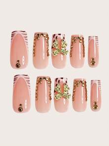 24pcs Long Square Press-On Nails Elegant Gold Glitter Rhinestone Gold Bow Leopard French Full Coverage Nail Art Set With 1pc Jelly Glue And Nail File For Women Daily Dating Shopping Party - Multicolor - View 3