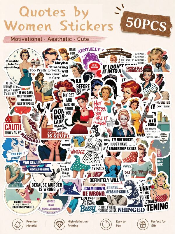 50pcs Women's Quote Stickers Made Of PVC Are Suitable For Books, Stationery, Pencil Cases, Storage Racks And Decals; Their Irregular Shapes Make Them Ideal For Winter And New Year Use. They Can Be Used As Decorative Decals And Stickers.