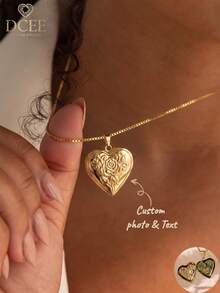 1PC Customized Heart-Shaped Locket Necklace, Openable Photo Box With Personalized Photo + Text, Delicate Gold-Plated Craftsmanship Paired With Simple Chain, Suitable For Various Outfit Styles, Couples, Family, Mother's Commemorative Jewelry, Whether For Couple Engagement, Parent-Child Keepsake Or Best Friend Gift, It's The Best Way To Express Your Heart - Style 2 (Box Chain) - View 2
