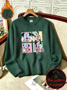 Disney Women's Casual Faux Knit Top, Soft And Comfortable Fabric, Minnie Mouse Expression Print, Suitable For Autumn/Winter Wear - Dark Green - View 3