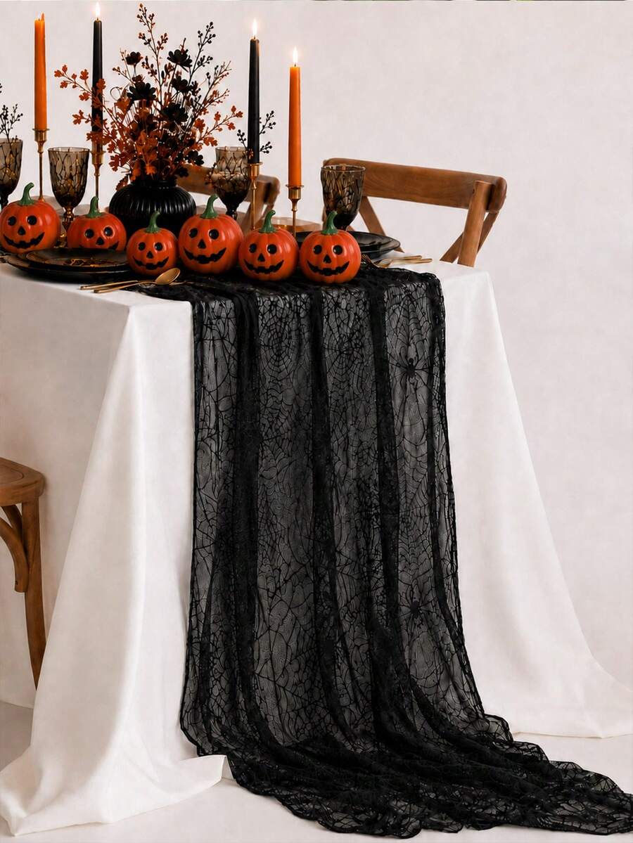 1 Set Black Spider Web Table Runner, Ghost Pumpkin Transparent Tablecloth, Halloween Decoration For Dining Table, Fireplace, Party Atmosphere, Home Decor - Pumpkin + Table Runner - View 1