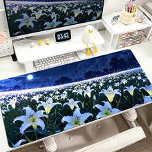 YUFZX 1pc Extra Large Extended Moonlit Starlight Lily Flower Sea Pattern Mouse Pad, With Non-Slip Rubber Bottom And Stitched Soft Cloth Material Keyboard Pad. Quiet Night Sky Healing Floral Landscape Aesthetic With Non-Slip Rubber Bottom And Stitched Soft Cloth Material Keyboard Pad, Suitable For Gaming, Home Office And Learning Scenarios. - View 4