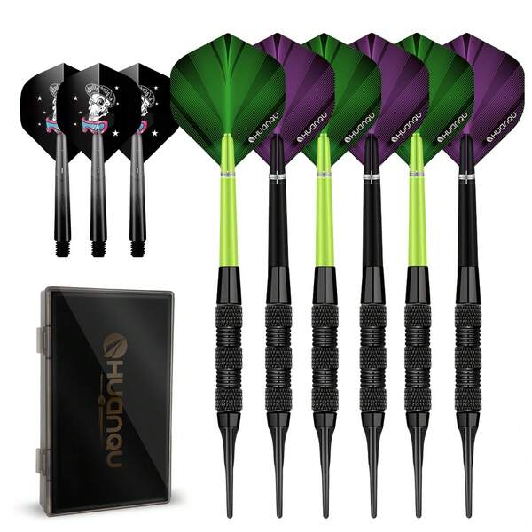 HUANQU 6pcs Soft Tip Darts Set, Includes Green & Purple Flights, Skull Spare Flights, Replacement Shafts And 20 Soft Dart Tips, With Storage Box, Comfortable Grip Barrel Compatible With Electronic Dart Board, Suitable For Beginner Practice, Venue Training, Family Gathering, Bar Leisure Competition