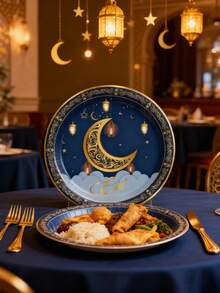 48/24Pcs Moon & Star Theme Disposable Paper Plates Set, Festive Dinnerware For Eid Al-Fitr & Ramadan, Ideal For Prayers, Worship, Reception, Dining, Picnic, Camping & Parties, Easy Clean, Festive Decor - Multicolor - View 3