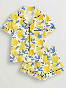 2pcs Women Pajama Set, Lemon Fruit Print, Ladies Homewear, Spring/Summer Holiday Outfit, Short Sleeve Lapel Top And Shorts Can Be Worn Outdoors - Yellow - View 1