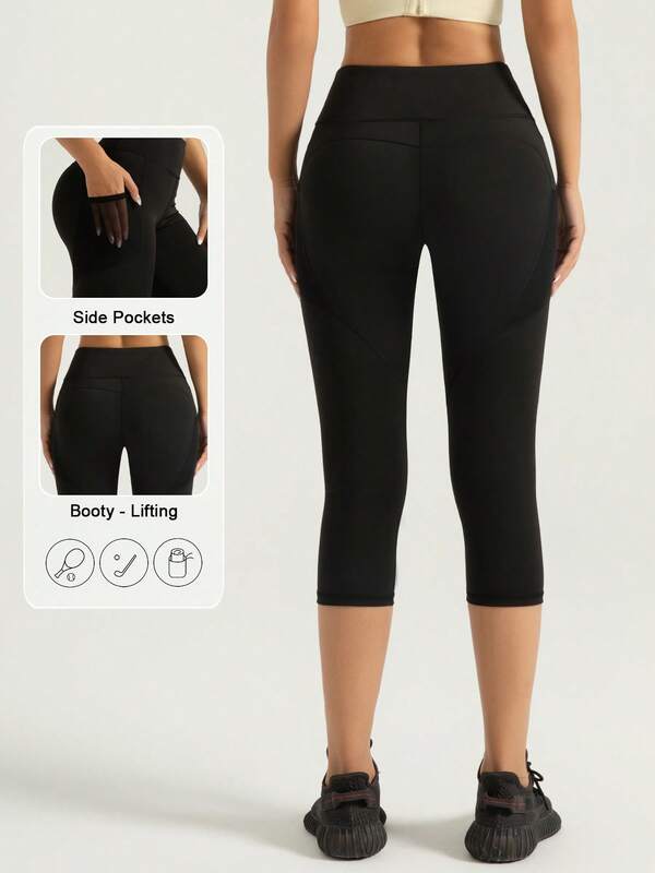 Women's Solid Color Tummy Control Minimalist Sports Mid-Length Pants With Pocket Design, Fashionable And Versatile, Suitable For Dance, Yoga, Pilates, Outdoor Casual Wear, Spring/Autumn/Summer