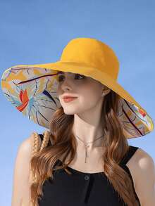 1pc Women's Wide Brim Bucket Hat With Floral Lining, Sun Protection Sun Hat - A - View 2