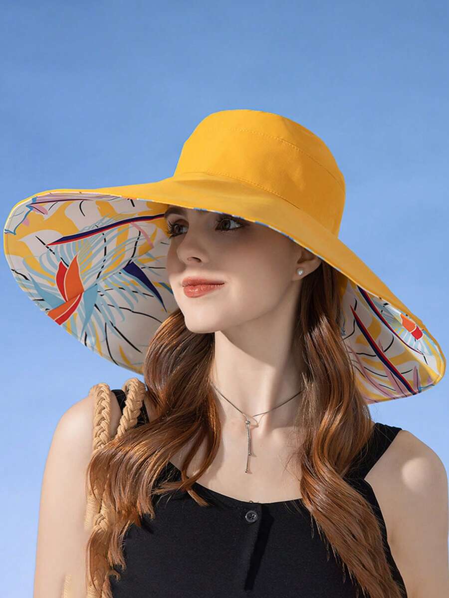 1pc Women's Wide Brim Bucket Hat With Floral Lining, Sun Protection Sun Hat - A - View 1