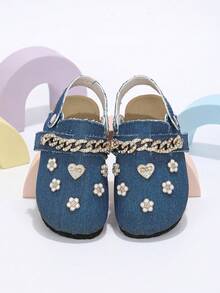 1 Pair Kids' Blue Rhinestone Chain 3D Heart & Flower Closed-Toe Mule Shoes, Suitable For Daily Wear - Blue - View 2