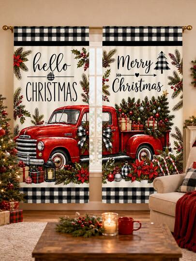 2 peças de cortinas com estampado de Natal de camião vermelho, xadrez Buffalo preto e branco, tecido de poliéster com passador para varão, estampado total vintage com camião vermelho, ramo de pinheiro, presente, bengala de rebuçado, lanterna e texto de Natal, estilo country americano vintage de férias, laváveis na máquina, decoração de Natal para janela de cozinha, sala de estar e quarto