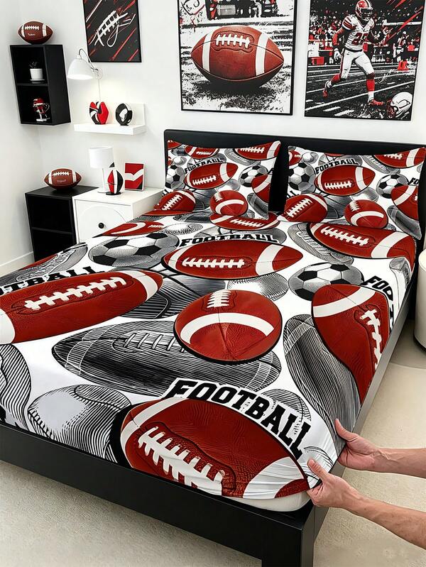 1PC American Football Soccer Ball Print Fitted Sheet(Sheet Only, No Pillowcase), Retro Red Black Sport Bedding Mattress Cover, Elastic Deep Pocket Fitted Bedsheet For Teen Boys Bedroom Decor,Available In Multiple Sizes; Suitable For All Four Seasons