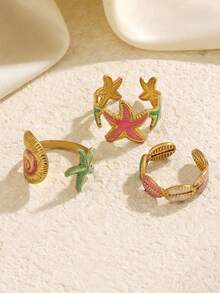 3pcs Stainless Steel 18K Gold Plated Summer Vacation Casual Style Colorful Starfish Shell Ring Set Suitable For Women Daily, Holiday, Vacation, Date Wear - Multicolor - View 2
