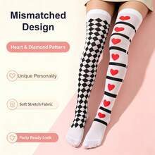 Halloween Asymmetrical Over-The-Knee Socks | Heart And Diamond Print, Personalized, Elastic Fit, Comfortable And Breathable | A Pair Of Dress Socks Suitable For Theme Parties And Cosplay - Multicolor - View 3