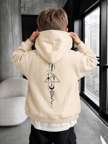 1pc Tween Boys Mori Style Geometric Mountain & Sea Totem Hooded Sweatshirt, Cream Apricot Minimalist Line Print, Unisex Kids Spring/Autumn Loose Fit Versatile Pullover Sweatshirt - Apricot - View 1