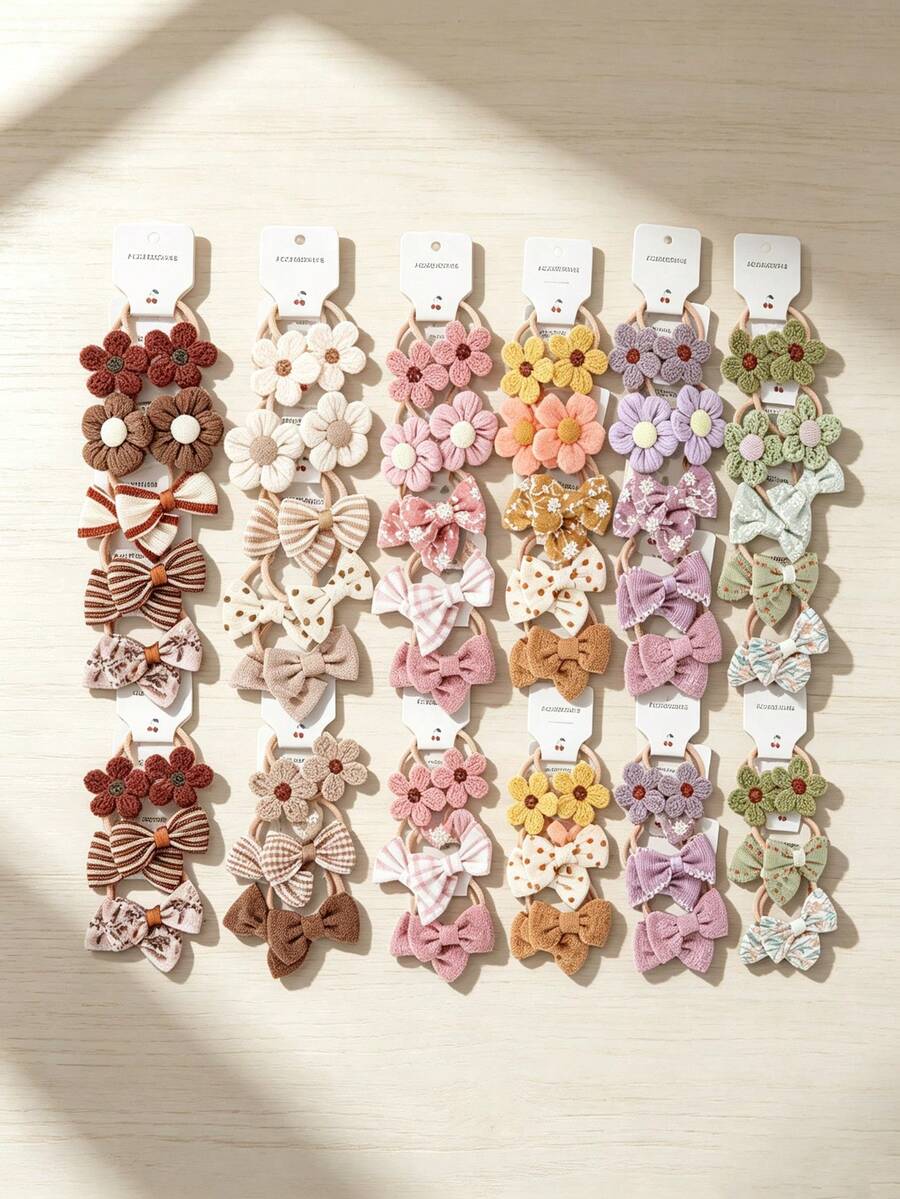 10入編織花朵蝴蝶結髮圈,柔和馬卡龍色布料不扯髮髮帶,適合幼女日常髮飾 - 彩色 - 查看 1
