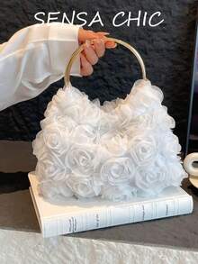 Elegant Floral Evening Handbag, Stereoscopic Rose Design Circular Metal Handle Fashion Bag Suitable For Ladies Prom And Special Events - Multicolor - View 7
