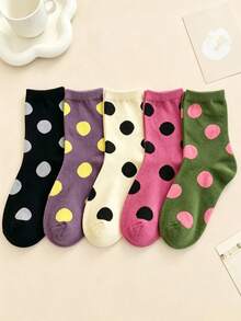 5 Pairs Women's Polka Dot Mid-Calf Socks, Versatile Daily Wear, Retro College Style Casual Socks, Suitable For Everyday Outfits - Multicolor - View 2