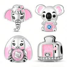 1pc Silver-Plated Pink Tone Cute Hollow Bead, Bow Elephant, Camera Koala, Donut Rabbit, Rhinestone Toaster, Soft Pink Enamel With Colorful Zirconia, Suitable For Bracelet Necklace, Handmade DIY Jewelry, Girly Cute Style Holiday Gift Accessory - Multicolor - View 1