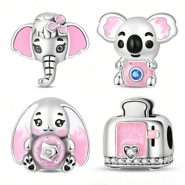 1pc Silver-Plated Pink Tone Cute Hollow Bead, Bow Elephant, Camera Koala, Donut Rabbit, Rhinestone Toaster, Soft Pink Enamel With Colorful Zirconia, Suitable For Bracelet Necklace, Handmade DIY Jewelry, Girly Cute Style Holiday Gift Accessory