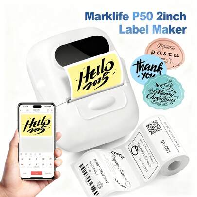 Marklife P50 白色無墨標籤機，迷你熱感標籤印表機，適用於家用與商用，適合居家收納、商務、條碼、QR碼，附 1 捲 40x30mm (1.57x1.18in) 標籤