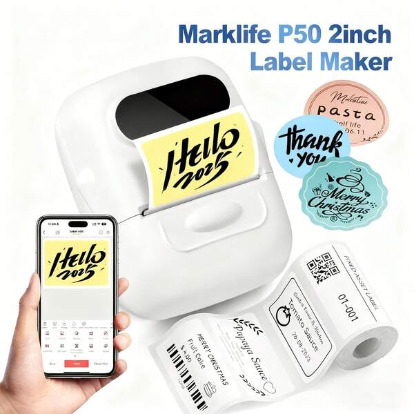 Marklife مارك لايف P50 طابعة ملصقات وردية بدون حبر، طابعة ملصقات حرارية صغيرة، متوافقة مع الاستخدام المنزلي والتجاري، مناسبة لتنظيم المنزل والأعمال التجارية والباركود ورمز الاستجابة السريعة، مع لفة واحدة من الملصقات بحجم 40x30 مم (1.57x1.18 بوصة)