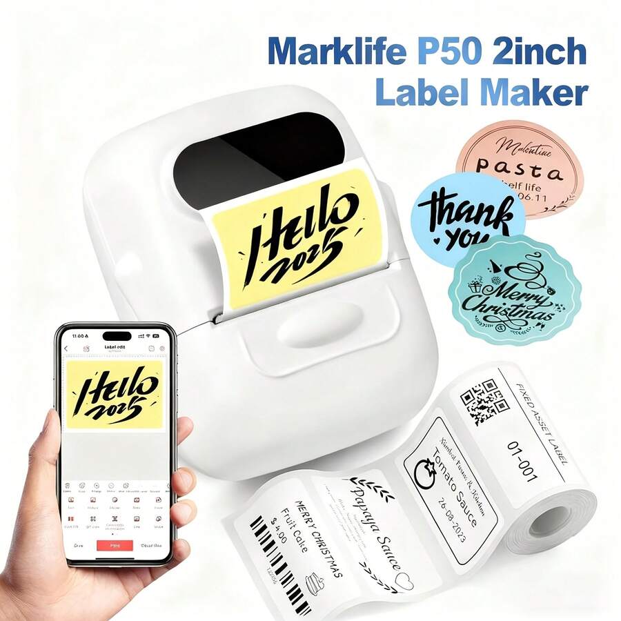 Marklife P50 Pink Inkless Label Maker, Printer Label Termal Mini, Kompatibel untuk Penggunaan Rumah dan Komersial, Cocok untuk Pengorganisasian Rumah, Bisnis, Barcode, Kode QR, Dilengkapi dengan 1 Rol Label 40x30mm (1,57x1,18 inci) - Bubuk stroberi P50 + 1 gulungan ukuran 40*30mm (1,57*1,18 inci) - View 1