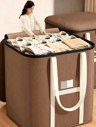 1pc Extra Large Brown Foldable Clothes Storage Box, 5 Sizes Available, Fabric Storage Container With Zipper And Handle, Suitable For Bedding, Blankets, Sheets, Pillows, Bedding, Clothes, Toys Storage And Organization, Moving Packing, Space-Saving, Durable And Practical,Bedroom Room Decor,Back To School