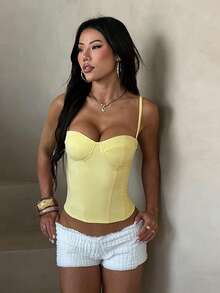 Elegant Versatile All-Match Camisole, Summer Fitted Women's Top, Yellow Spaghetti Strap Top, Suitable For Outings, Vacations, And Daily Wear - Yellow - View 2
