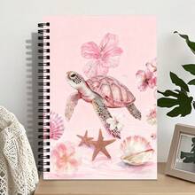 1 Spiral Bound Notebook, Printed With Watercolor Turtle And Hibiscus Flower Pattern, Pink Floral Ocean Style, A5 Lined Pages; Ideal For School/Office Supplies, Also A Great Gift For Marine Life Enthusiasts. - Ocean Series - View 17