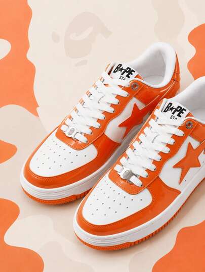 BAPE STA Glossy Orange & White Colorblock Low-Top Sneakers, A BATHING APE Star Logo Thick Sole Skate Shoes, Street Style Couple Casual Shoes