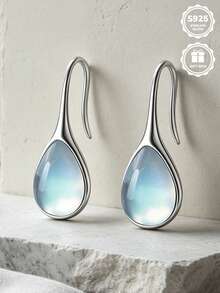 1pc Cool Blue Light Teardrop Synthetic Moonstone S925 Sterling Silver Earrings, Perfect For Daily Wear And Anniversary Gift, Comes With Gift Box. - Silver - View 5