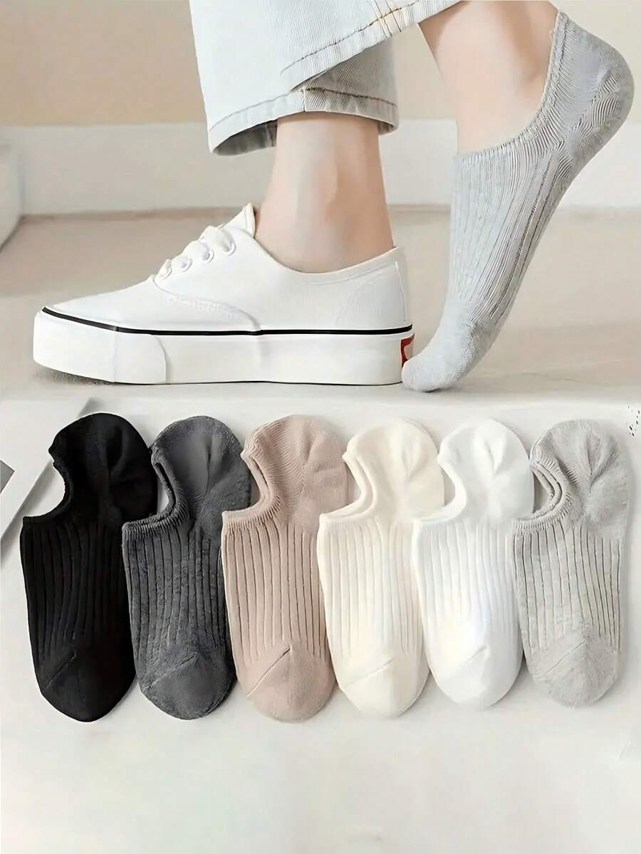 6 Pairs Solid Color Fine Striped Boat Socks, Simple Comfortable Breathable, Women's Socks And Long Socks (1/6/12/18/24 Pairs) - Multicolor - View 1