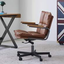 Home Office Desk Chair, Ergonomic Leather Computer Chair With Wheels And Oak Armrests, Height-Adjustable Swivel Executive Chair WL - 棕色真皮 - 查看 3