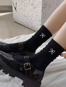 1/3/5/10/15/20 Pairs Women's Bow Mid-Calf Postpartum Maternity Socks, Solid Color Wide Cuff Soft Breathable Moisture-Wicking Non-Stuffy, Suitable For Back To School Season - Black - View 4