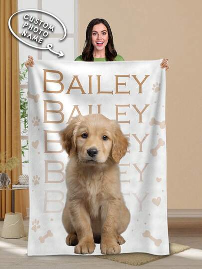 1pc Customized Pet Face Pattern Blanket, Multi-Purpose Living Room Sofa Outdoor Beach Camping Pet Blanket, Personalized Home/Pet/Couple Bed Blanket, Personalized Christmas Gift, Birthday Gift, Gift For Friends/Son/Daughter
