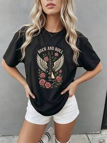 Music Festival Spring Summer Basic Tops Airy Comfort 100% Cotton Short Sleeve Tee Vintage Music Pattern Casual Daily Outfit Shirts - Black - View 5