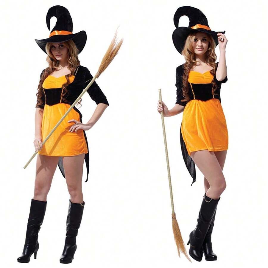 Gothic Sexy Witch Dress For Women - Halloween Carnival Costume With Hat & Fancy Party Outfits - Multicolor - View 1