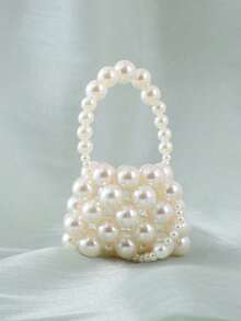 1 buah Tas Tangan Anyaman Manik-Manik Mini Warna Beige, Tas Tangan Kecil Mutiara Bergaya Musim Panas, Clutch Manik-Manik - Krem - View 5
