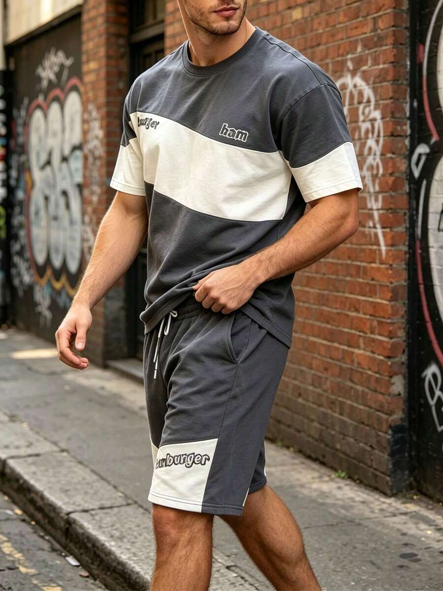 男士夏季字母印花圆领短袖休闲T恤和抽绳腰短裤套装 - 灰色 - 查看 1