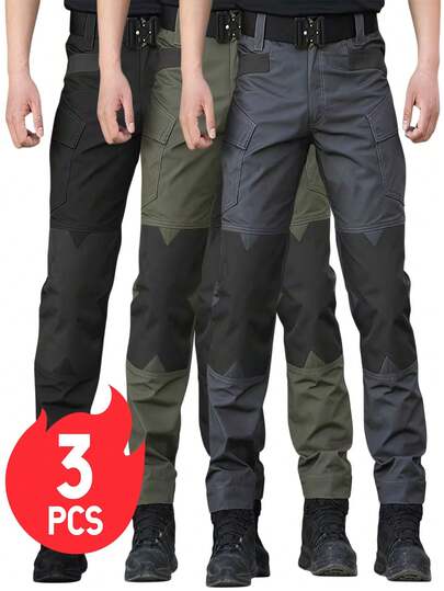 3 piezas Pantalones tácticos para hombre, de múltiples bolsillos, color sólido, para actividades al aire libre, pantalones de senderismo, pantalones multiusos, duraderos y cómodos