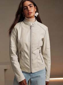 Giolshon Women's PU Motorcycle Jacket, Streetwear Design, With Zipper Pockets, Suitable For Urban Commute And Travel, Balancing Style And Practicality, Suitable For Spring - Beige - View 10