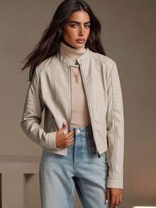 Giolshon Women's PU Motorcycle Jacket, Streetwear Design, With Zipper Pockets, Suitable For Urban Commute And Travel, Balancing Style And Practicality, Suitable For Spring - Beige - View 5